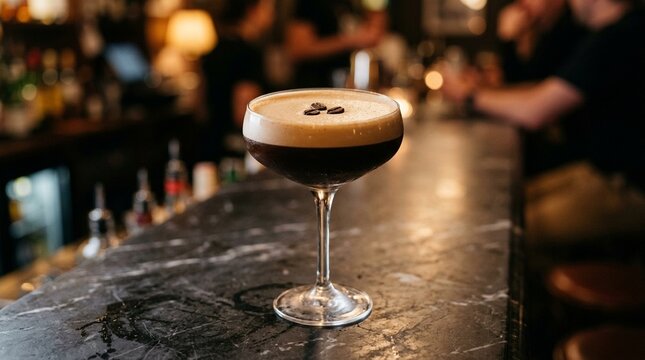 Three beans placed carefully atop the crema of a freshly made espresso martini &ndash; Low-Angle Detail | Espresso Martini Coffee Cocktail Photography