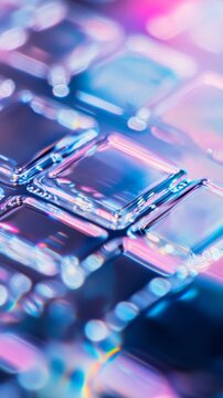 Close up view of a colorful keyboard with reflections and clear keys during night time