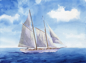 Watercolour painting of a two masted schooner under sail on a blue sea © Beautiful talkers