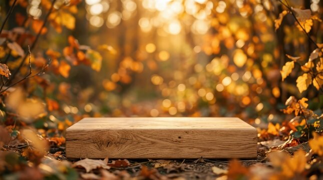 Wooden platform in autumn forest with blurred foliage background at golden hour