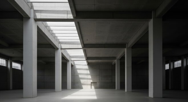 Modern industrial architecture of empty warehouse with concrete pillars