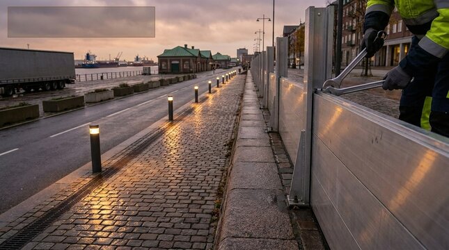 Temporary flood barriers installed along urban waterfront to protect against rising sea levels and storm surges