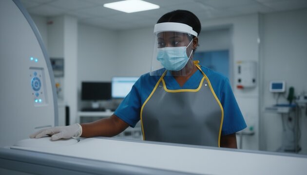 Professional African woman working as a radiology technician operating a modern clinical diagnostic imaging machine in a hospital