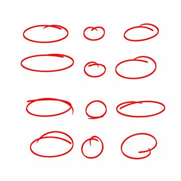 Hand drawn red line brush oval set.hand draw line brush pencil oval red Color doodle marker chalk pen . round circle underline frame check sign bubble texture background vector illustration.	