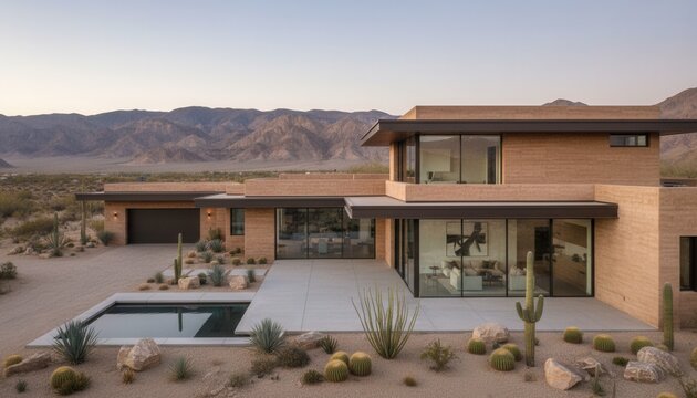 Wide exterior view of a contemporary two-story desert residence built from rammed earth walls in an arid mountain valley