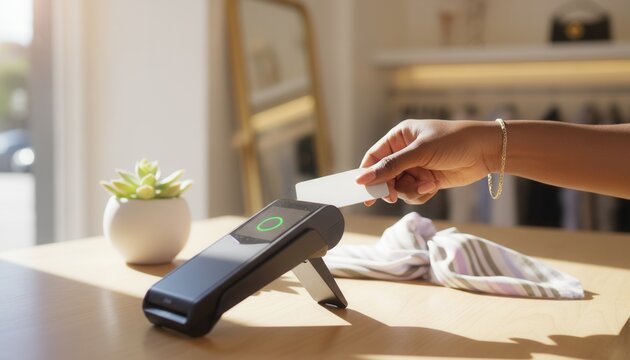 Close-up of a Black woman paying with a contactless payment card on a wireless card reader at a boutique shop checkout