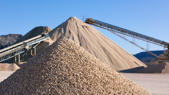 Industrial gravel and sand production site with large heaps of aggregate material and mechanical conveyor belt system under blue sky
