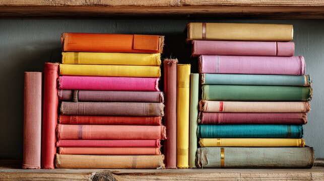 Rainbow Bookshelf Serenity: A vibrant collection of hardcover books, neatly arranged on a wooden shelf, displays a spectrum of cheerful colors, bringing a sense of order and aesthetic delight.