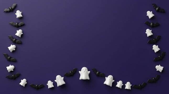 Halloween background with white ghost and black bat decorations arranged in a frame on purple