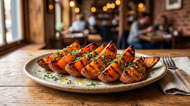 Grilled sweet potato wedges on a plate in a rustic restaurant setting