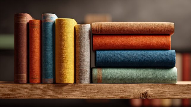 Rainbow Bookshelf Serenity: A vibrant collection of hardcover books, neatly arranged on a wooden shelf, displays a spectrum of cheerful colors, bringing a sense of order and aesthetic delight.