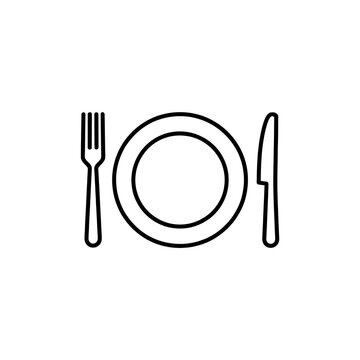 Black outline icon of a fork knife and plate for dining