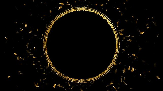 golden confetti and circle border frame alpha channel animation, isolated gold sale and birthday party celebration social media motion design element