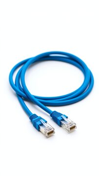 Blue Ethernet network cable with RJ45 connectors on a white background, representing digital communication and networking