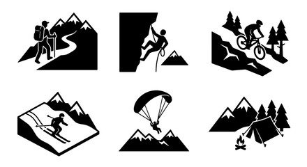 Fototapeta premium Outdoor Adventure Icons: Hiking, Climbing, Biking, Skiing, Paragliding, Camping Vector Set