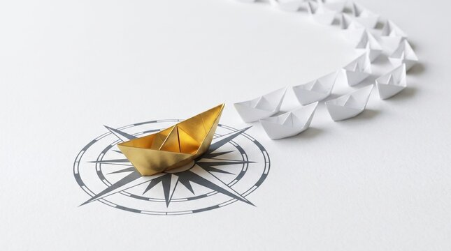Gold paper boat on compass rose leading white boats, minimalist symbol of leadership, individuality, and direction on clean light background.