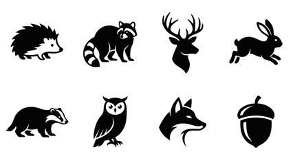 Obraz premium Woodland Wildlife Silhouette Vector Collection with Forest Animals and Nature Elements for Outdoor Design
