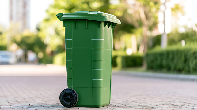 Green plastic wheelie bin for waste management and garbage disposal standing on a paved street outdoors in a city park during daytime