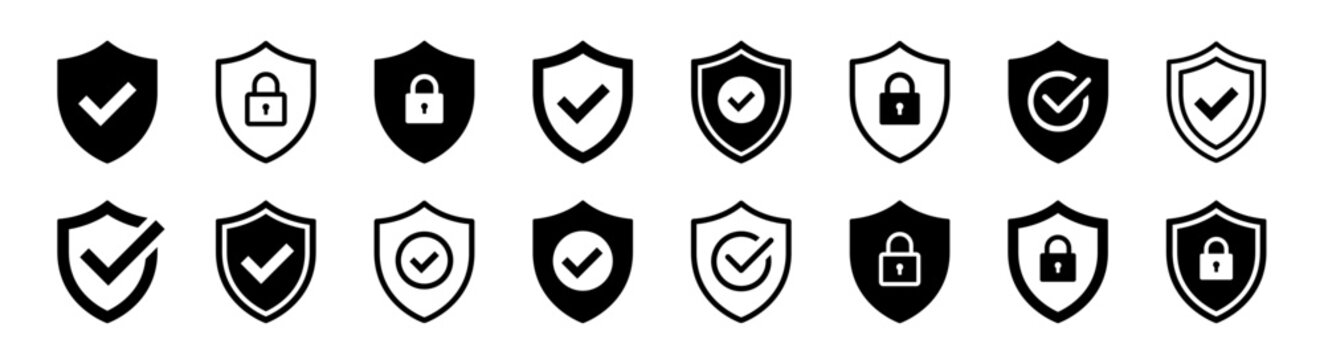 Shield with check mark and lock icon set. Security, protection, approve, checkmark, tick, accept, green collection - stock vector.