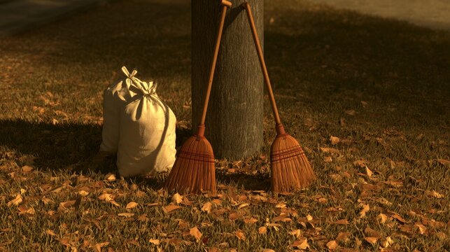 Leaf cleanup in park with bags and rakes by tree