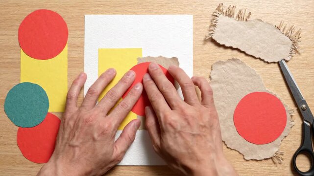 Hand Arranging Colorful Paper Shapes for Zine Making, Abstract Collage Craft and Creative Color Arrangement on Wooden Table