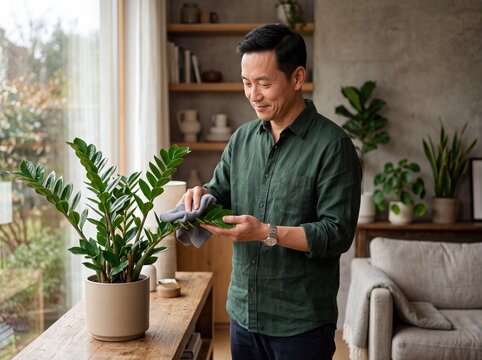 Mature East Asian Man Tending To Glossy Zamia Plant