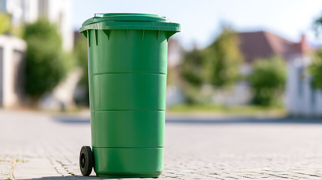 A green plastic waste container stands outdoors on a paved street background in daylight. A recycling bin symbol for environmental care