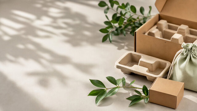 Sustainable eco-friendly packaging set with cardboard boxes and molded pulp inserts, biodegradable shipping materials for e-commerce, organic product branding mockup