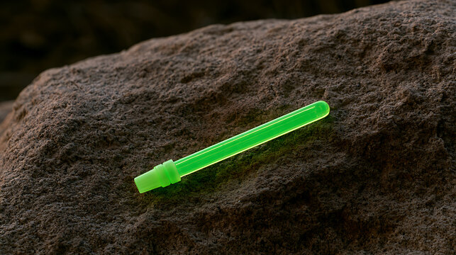 A bright vibrant green toy plastic sword blade resting on a rough textured brown rock surface outdoors in natural daylight close up shot