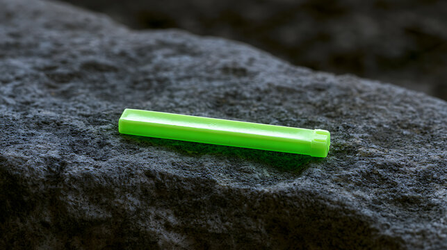 Bright neon green plastic container tube rest on a rough textured dark grey stone surface outdoors in natural light daytime horizontal view