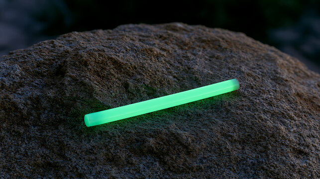 A bright green glowing chemical light stick rests upon a dark textured natural rock surface outdoors during dark night time exploration setting