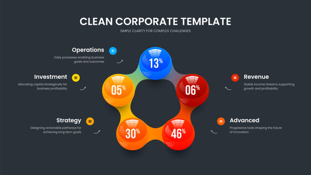 Corporate Strategy Five Element Diagram Slide Layout. Simple Solution 5 Step Graph Slideshow Template. Project Development Frame Design Vector Illustration.