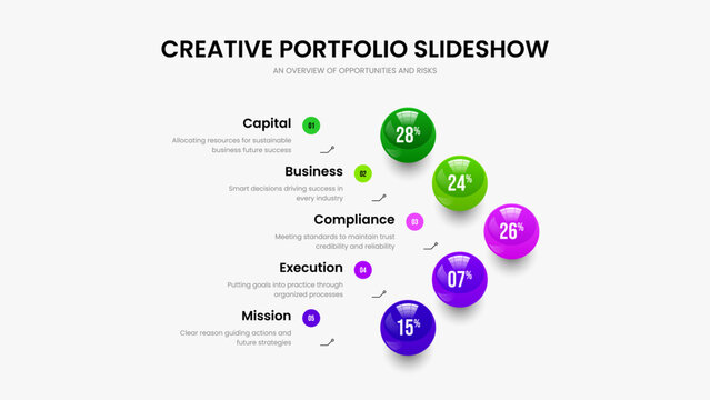 Market Strategy 5 Step Graph Slideshow Design. Service Review Five Option Diagram Slide Layout. Simple Proposal Presentation Template Vector Illustration.