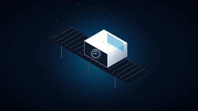 Futuristic isometric satellite orbiting in deep space with glowing stars