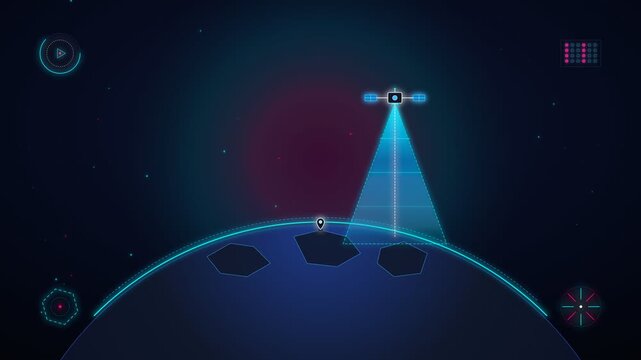 Futuristic satellite scanning planet in deep space with digital hud interface