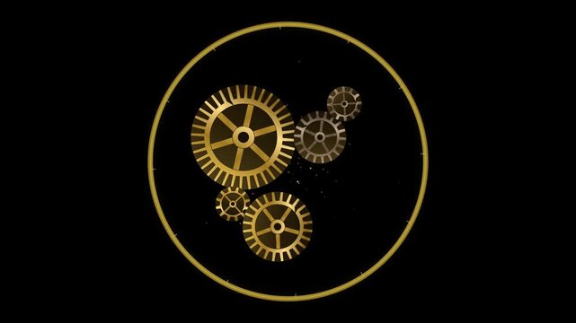 Golden mechanical gears rotating in circle frame, industrial engineering concept animation rotation metallic