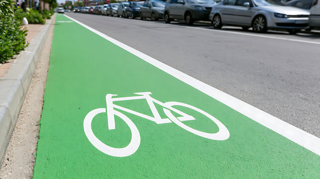 Bright green bicycle lane painted on city street asphalt pavement with white symbol and parallel parked cars along urban traffic road corridor