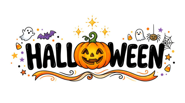 Festive halloween typography featuring a glowing jack o lantern with a vibrant colorful splatter background design element