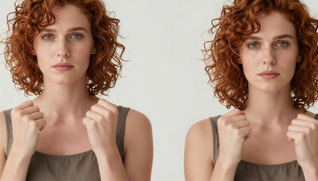 Two red-haired female twins pose in a studio with their fists raised