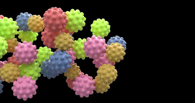 Colorful spiky balls move across the screen in a 3D transition with alpha channel and 4K resolution.