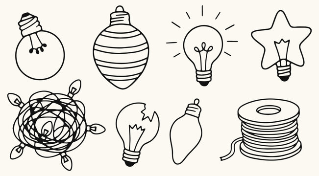 Light bulb and electrical wire doodles with glowing lamps, decorative bulbs, tangled lights and cable spool