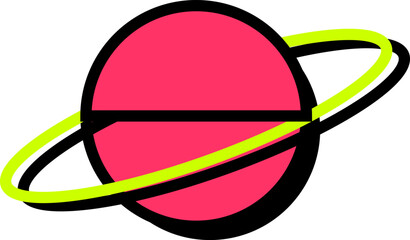 A vibrant pink stylized planet Saturn with lime green rings in a bold comic illustration © isolatedgenerativeai