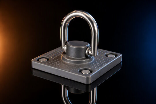 Heavy-duty stainless steel D-ring safety anchor point mounted on square metal plate with bolts on dark surface, industrial fall protection and height safety equipment for construction and roofing