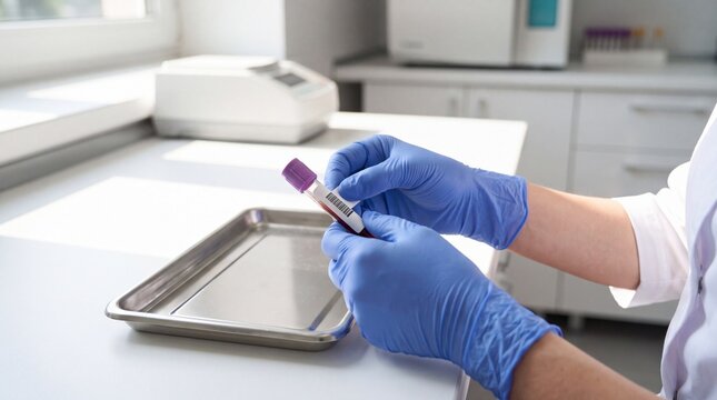 Phlebotomist Gloved Hands Labeling Blood Collection Tube in Sterile Lab for Healthcare Banner