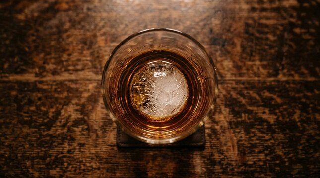 Single large ice cube rests inside a glass of neat whiskey on the counter &ndash; Low-Angle Detail | Whiskey Neat Bar Photography