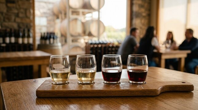 Wine tasting flight arranged on a wooden board for a hotel tasting menu &ndash; Overhead Close-Up | Wine Tasting Flight Photography