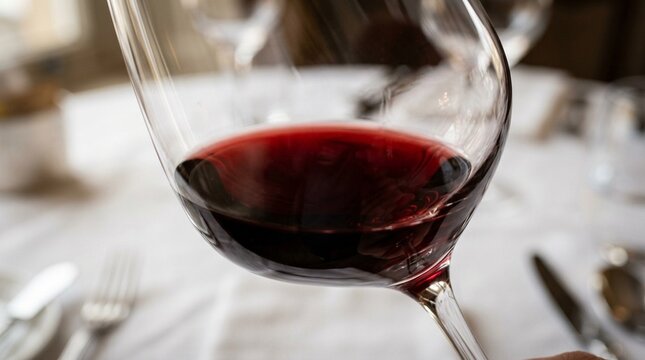 Tight focus reveals the wine's rich color through the curved glass bowl &ndash; Macro Close-Up Detail | Red Wine Restaurant Photography