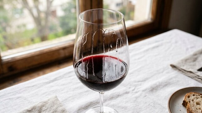 Legs of wine trail slowly down the glass as it rests near the window &ndash; High-Angle Flat Lay | Red Wine Restaurant Photography