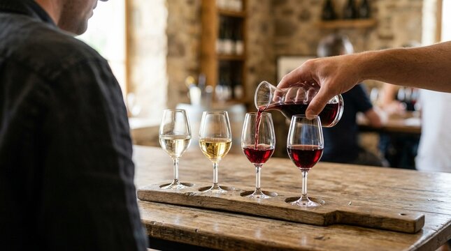 Tasting room softly blurred behind a wine flight arranged for the tasting menu &ndash; Environmental Establishing Shot | Wine Tasting Flight Photography