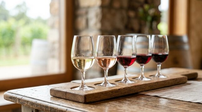 Soft daylight falls over a wine tasting flight arranged neatly on the wooden board &ndash; Side Profile | Wine Tasting Flight Photography